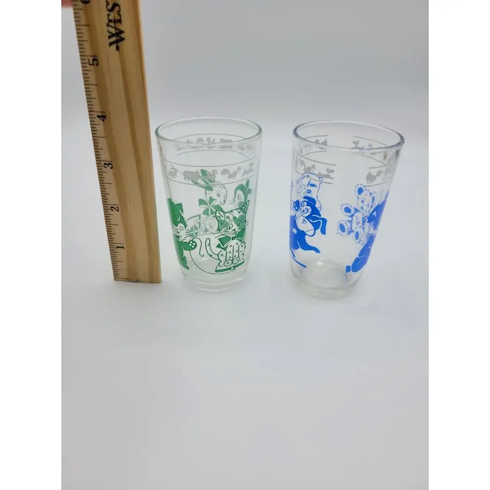 Vintage Childrens Kids Juice Glasses Blue Green Bears Bunnies‎ (2)